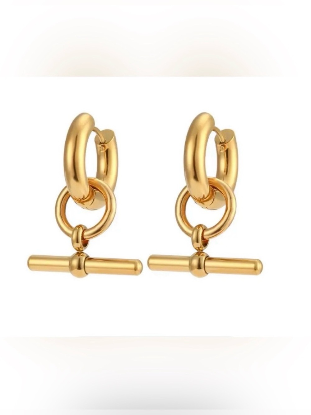 Gold Toggle T bar Huggie Hoop Drop Earrings